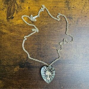German Crystal Heart Pendant Necklace with Palm Tree Aluminum Chain Germany 23”